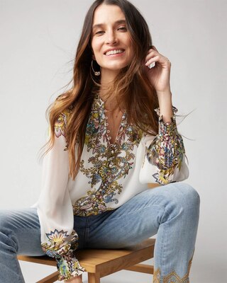 Pleated Butterfly Print Blouse
