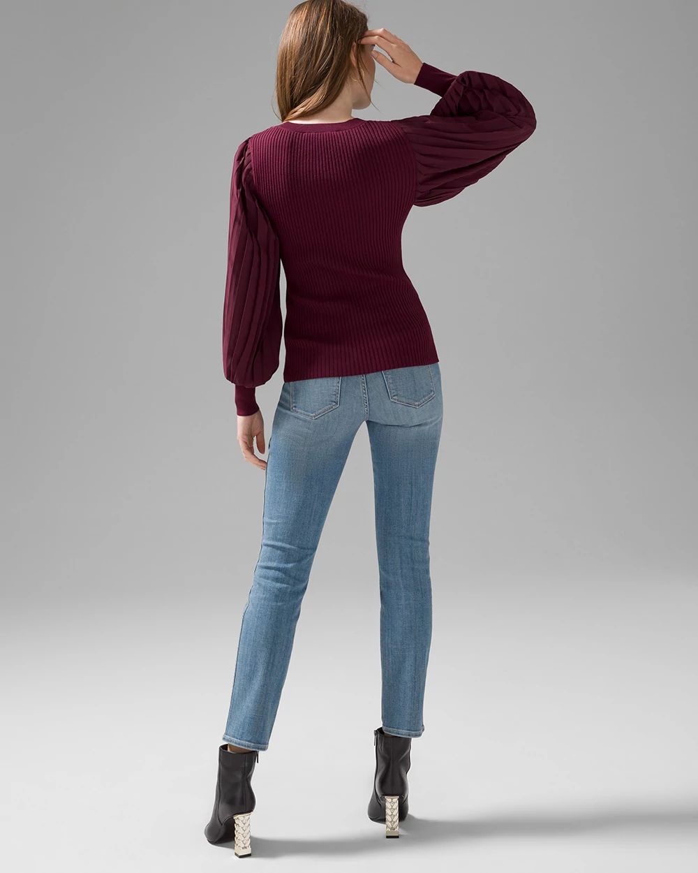 Pleated Drama Sleeve Ribbed Sweater