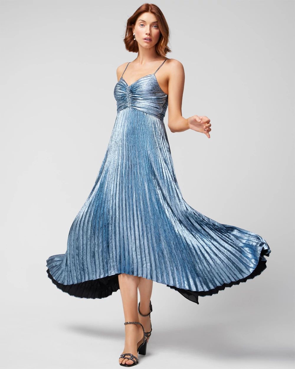 Pleated Metallic Midi Dress