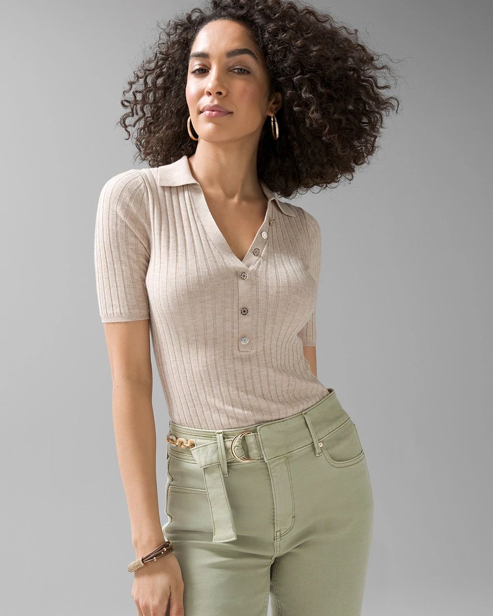Cashmere-Blend Button Polo Sweater
