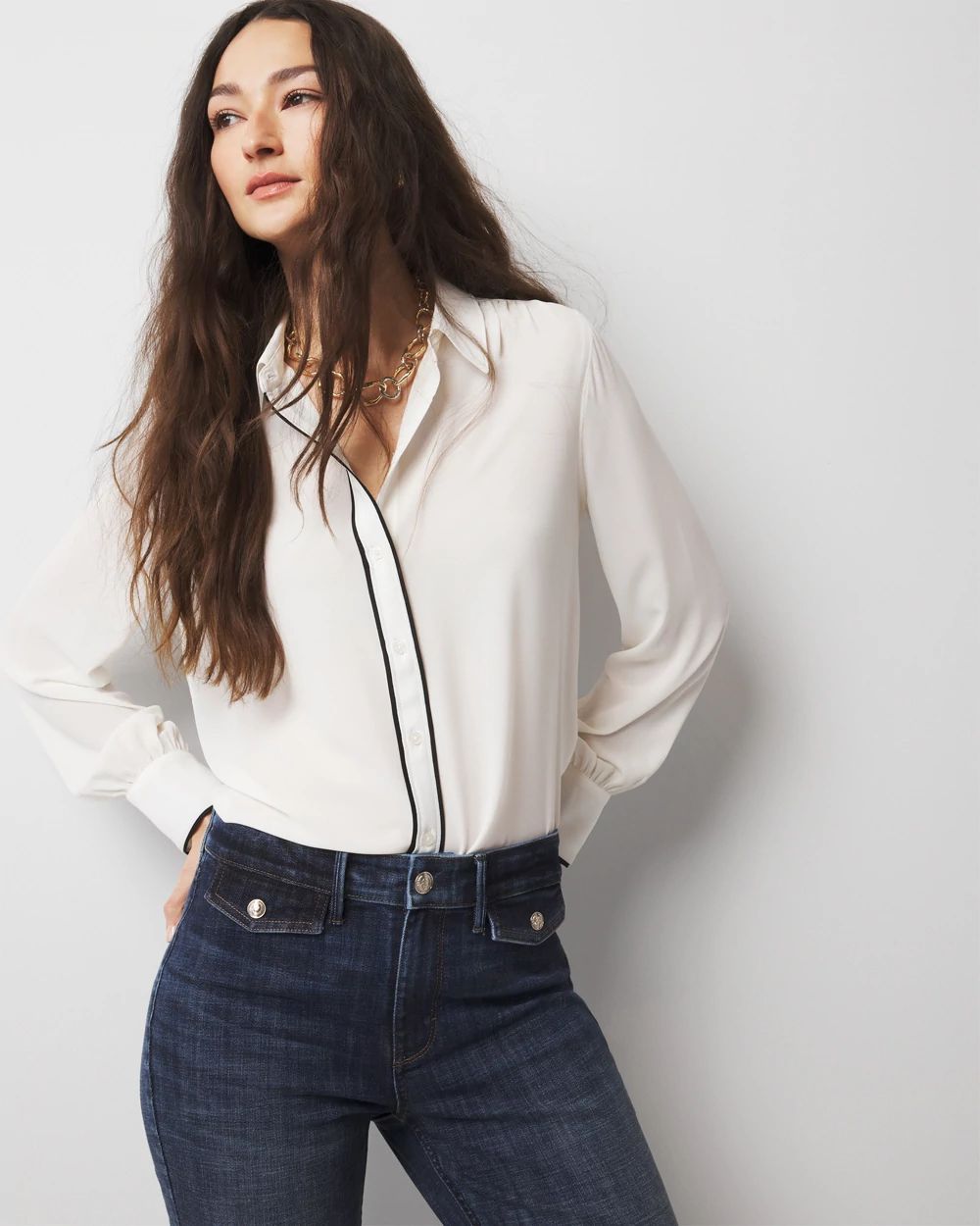 Petite Long Sleeve Soft Shirt with Piping