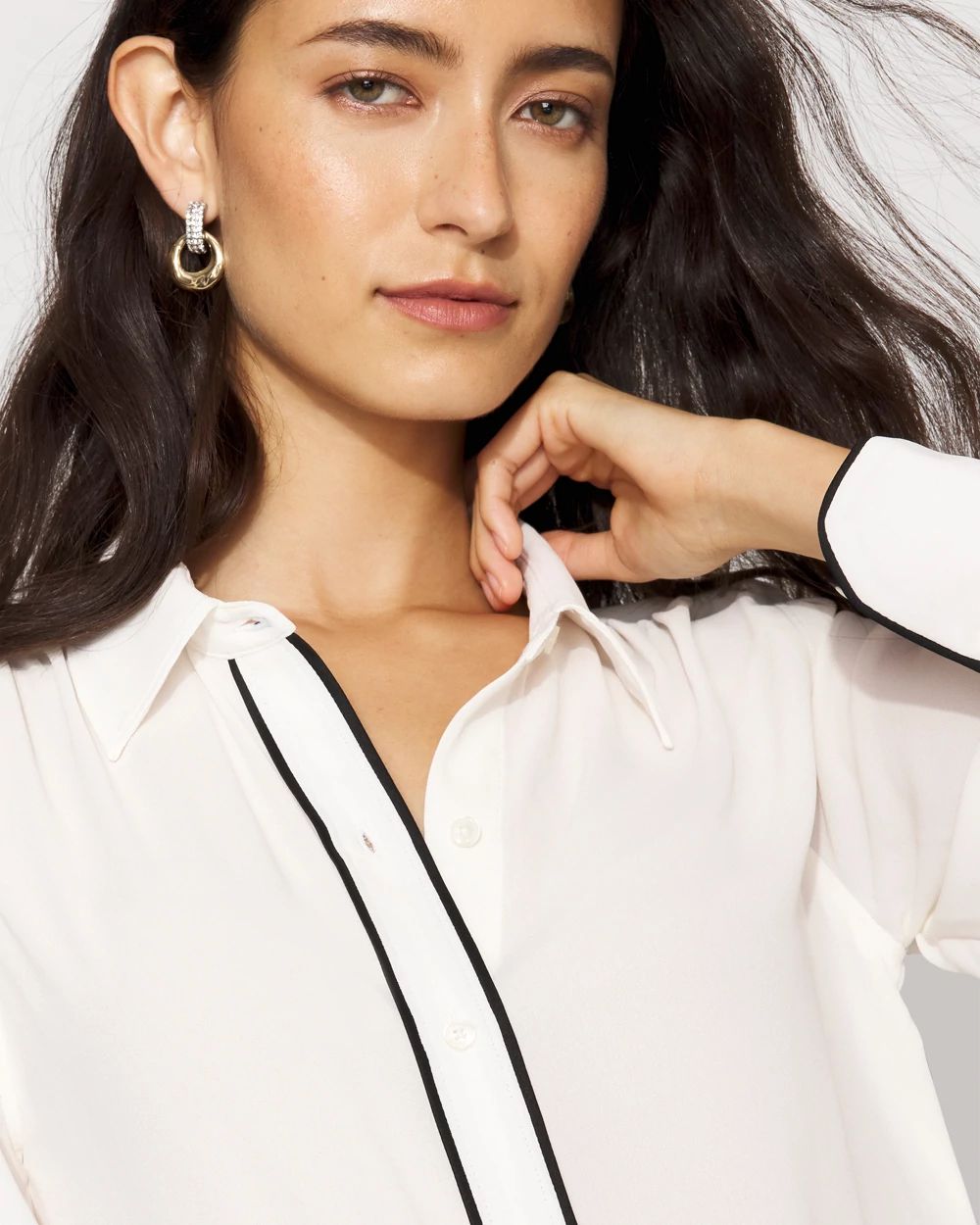 Petite Long Sleeve Soft Shirt with Piping