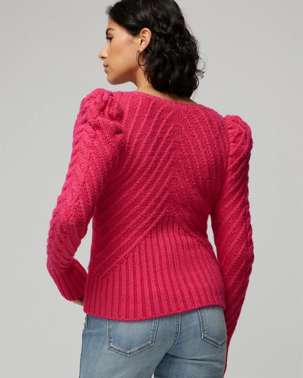 V-Neck Puff Sleeve Cable Pullover Sweater click to view larger image.