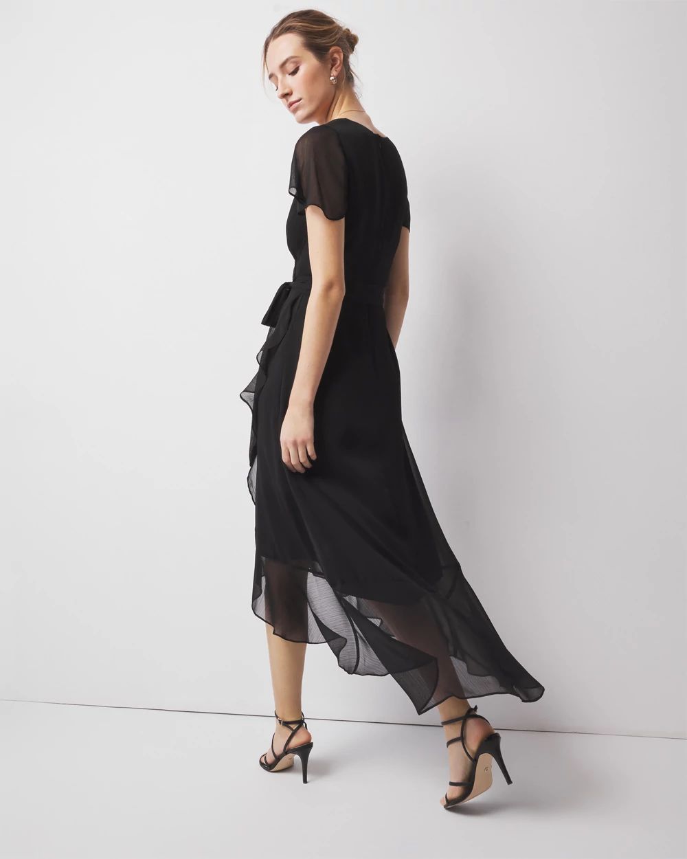 Petite Short Sleeve Flutter Wrap Midi Dress