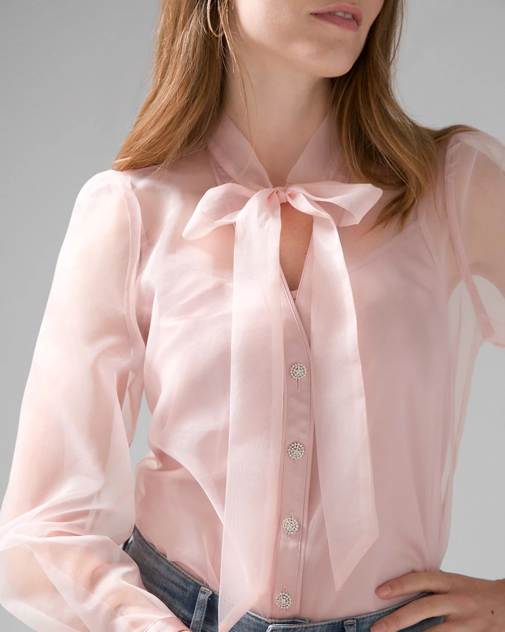Jewel Button Tie-Neck Blouse click to view larger image.