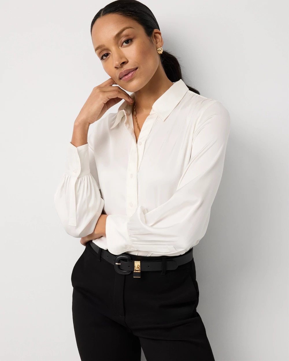 White House Black Market Petite Satin Soft Shirt In White