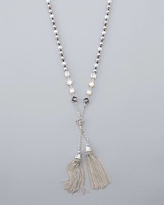 Faux Pearl And Crystal Beaded Tassel Pendant Necklace