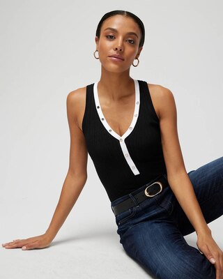 V-Neck Snap-Front Rib Knit Sweater Tank