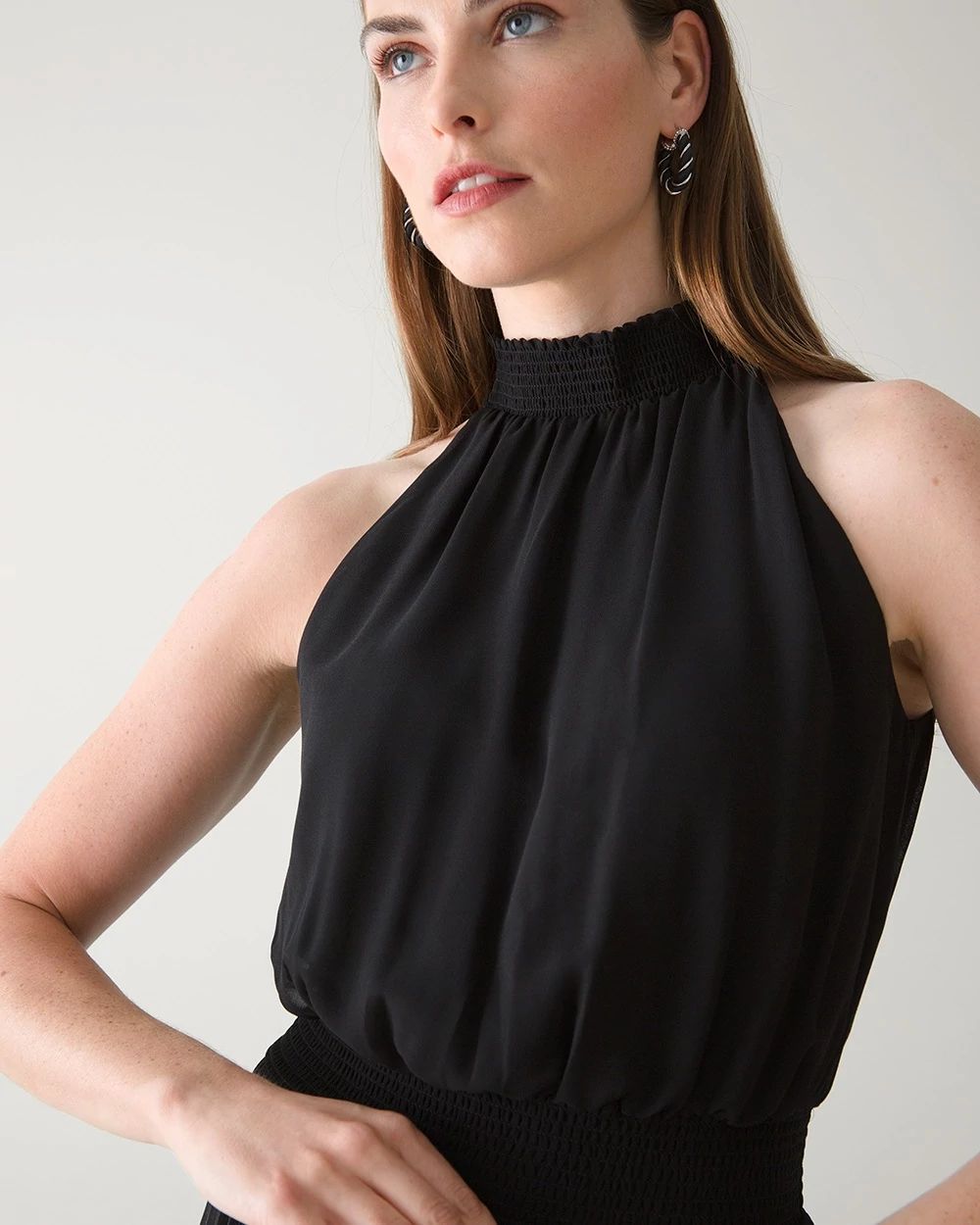 Sleeveless Smock Waist Pleated Midi Dress