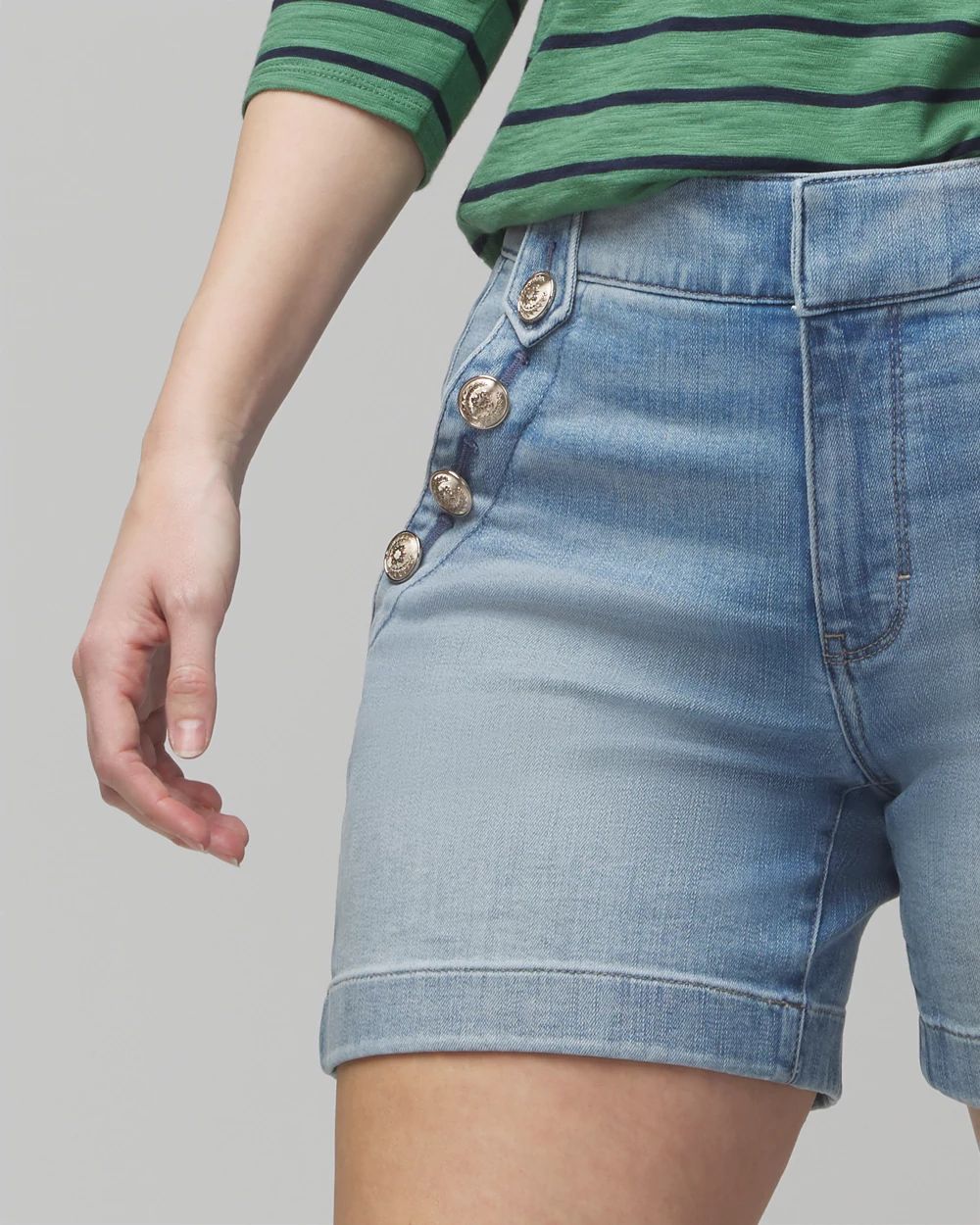 Curvy Everyday Soft Denim Mariner Button Shorts click to view larger image.