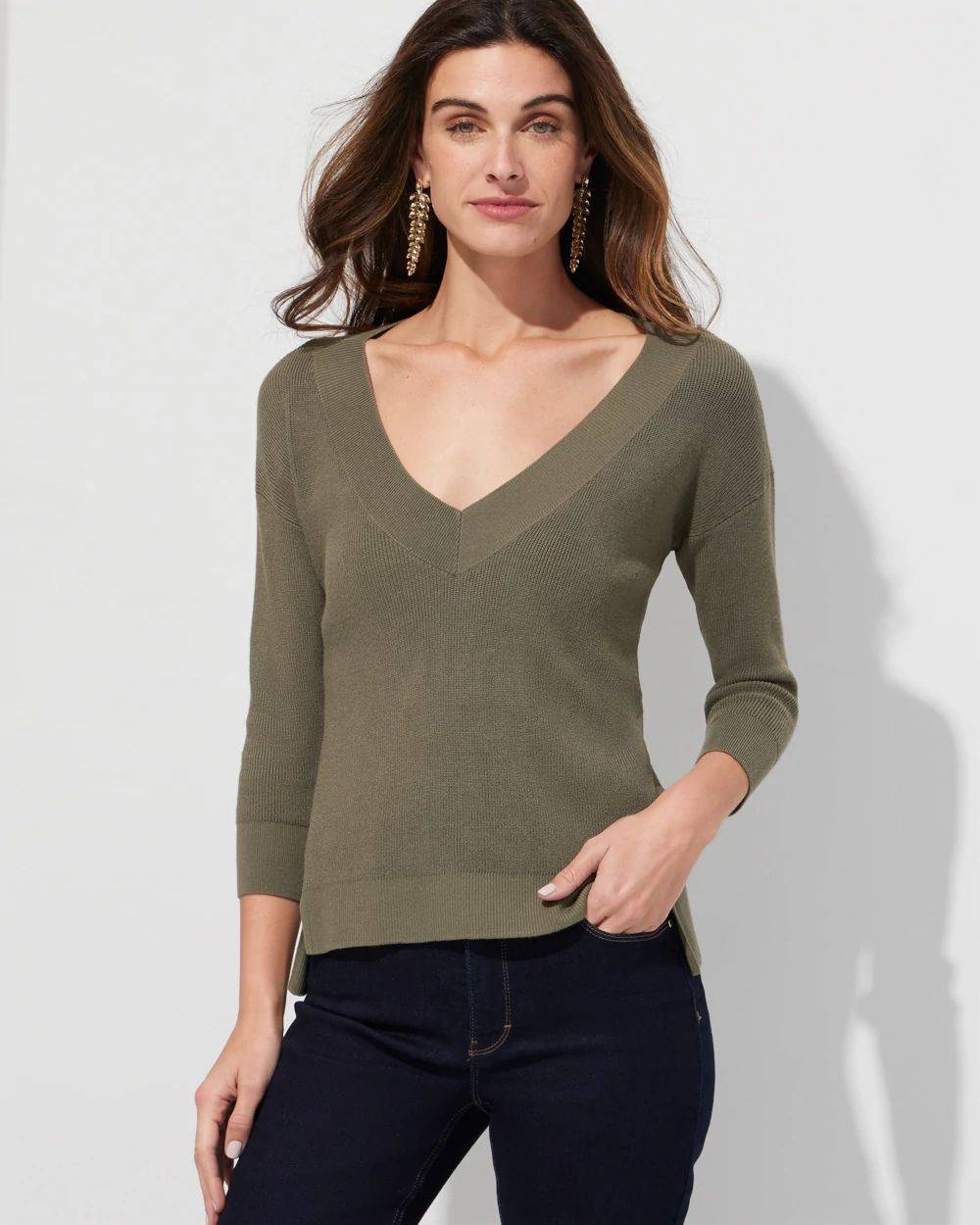 Outlet WHBM Long Sleeve V-Neck Stitch Pullover