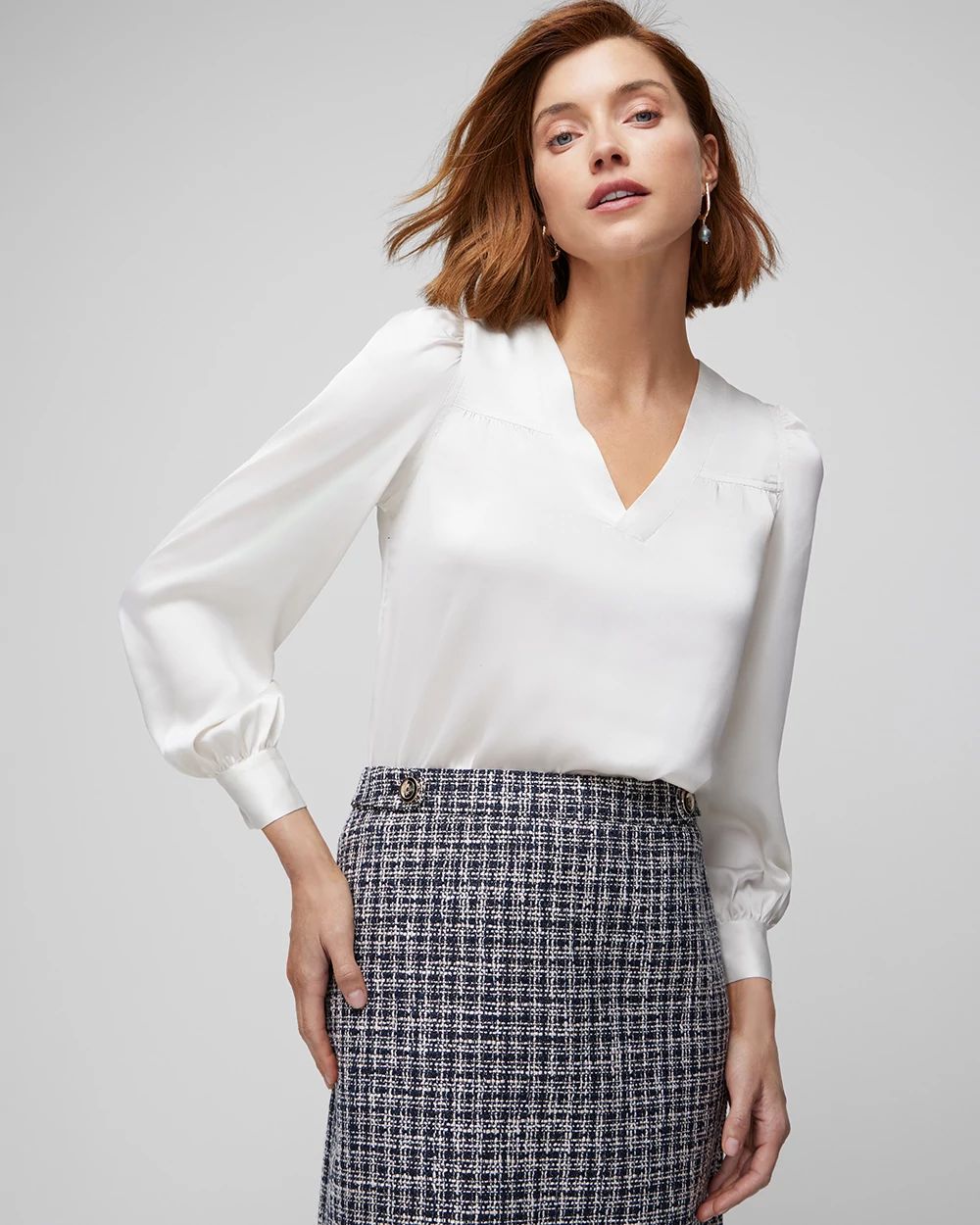 Long Sleeve Topstitch Satin Blouse