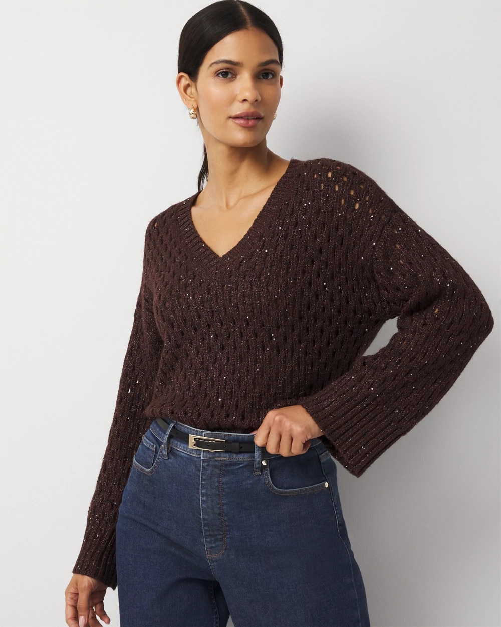 Petite V-Neck Open Stitch Sequin Sweater