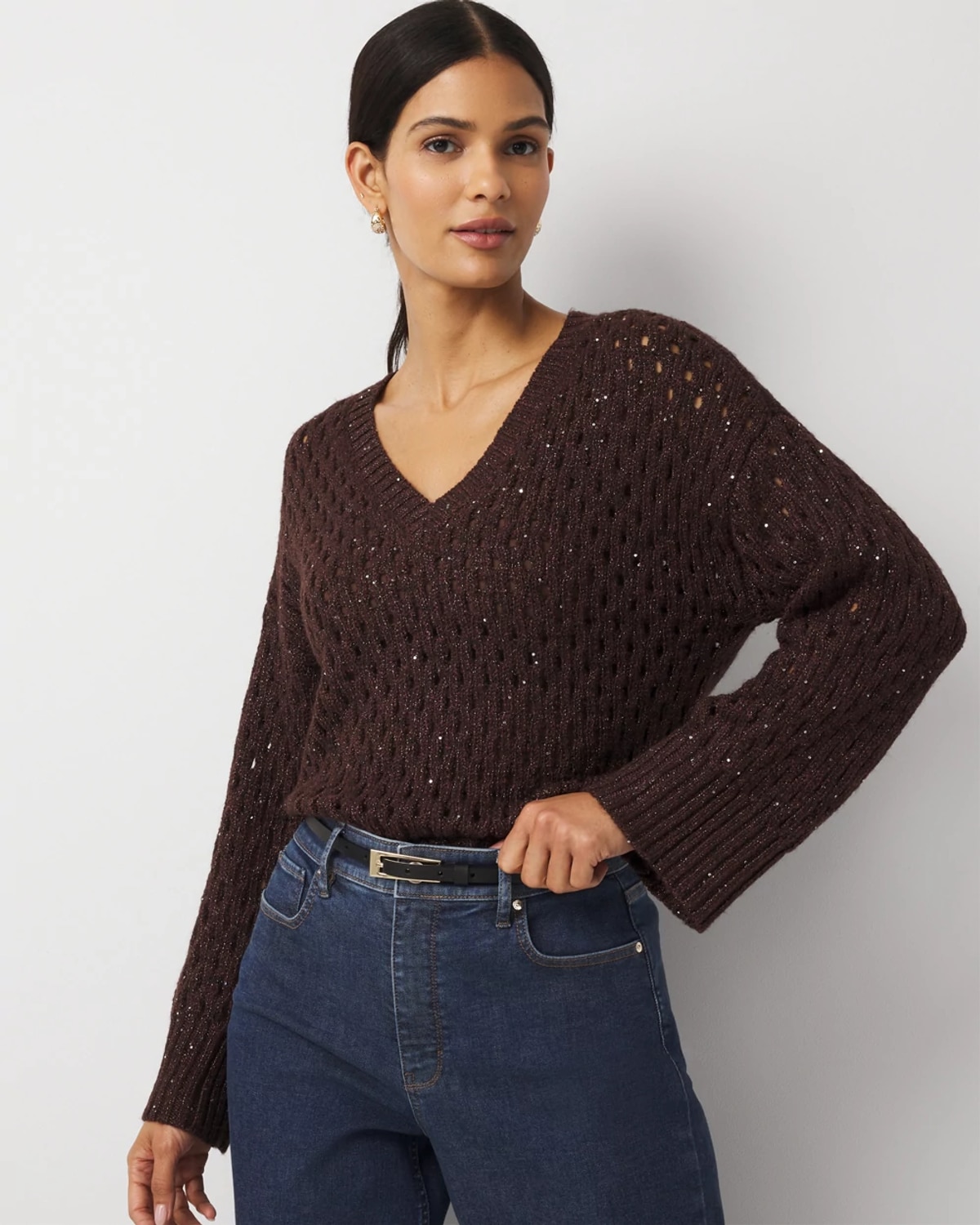 White House Black Market Petite V-neck Open Stitch Sequin Sweater In Brown