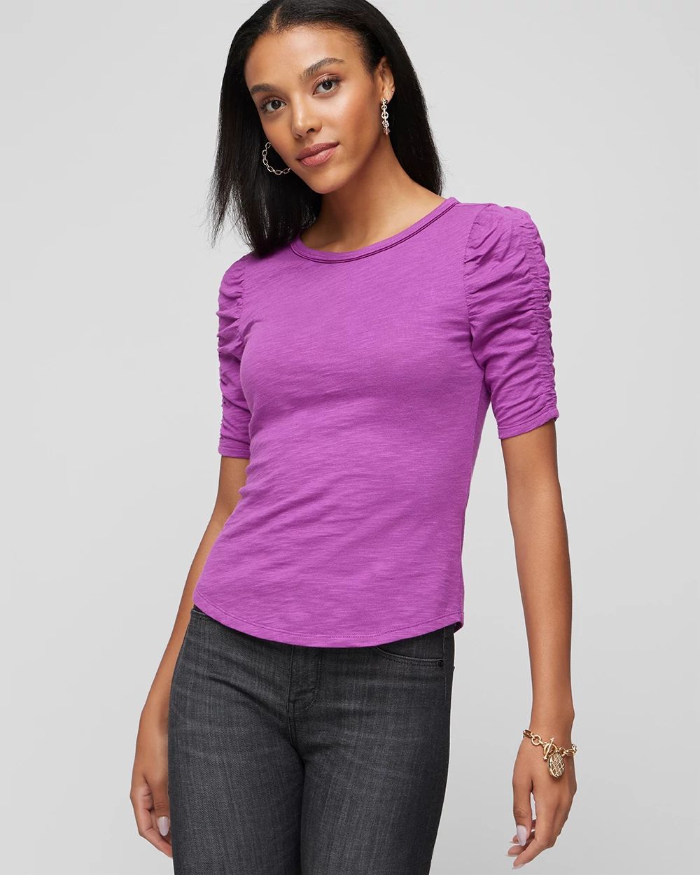 Shirred Sleeve Crewneck Tee