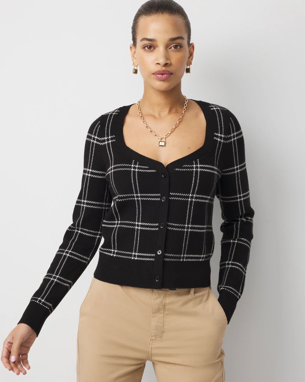 Sweetheart Neck Plaid Cardigan