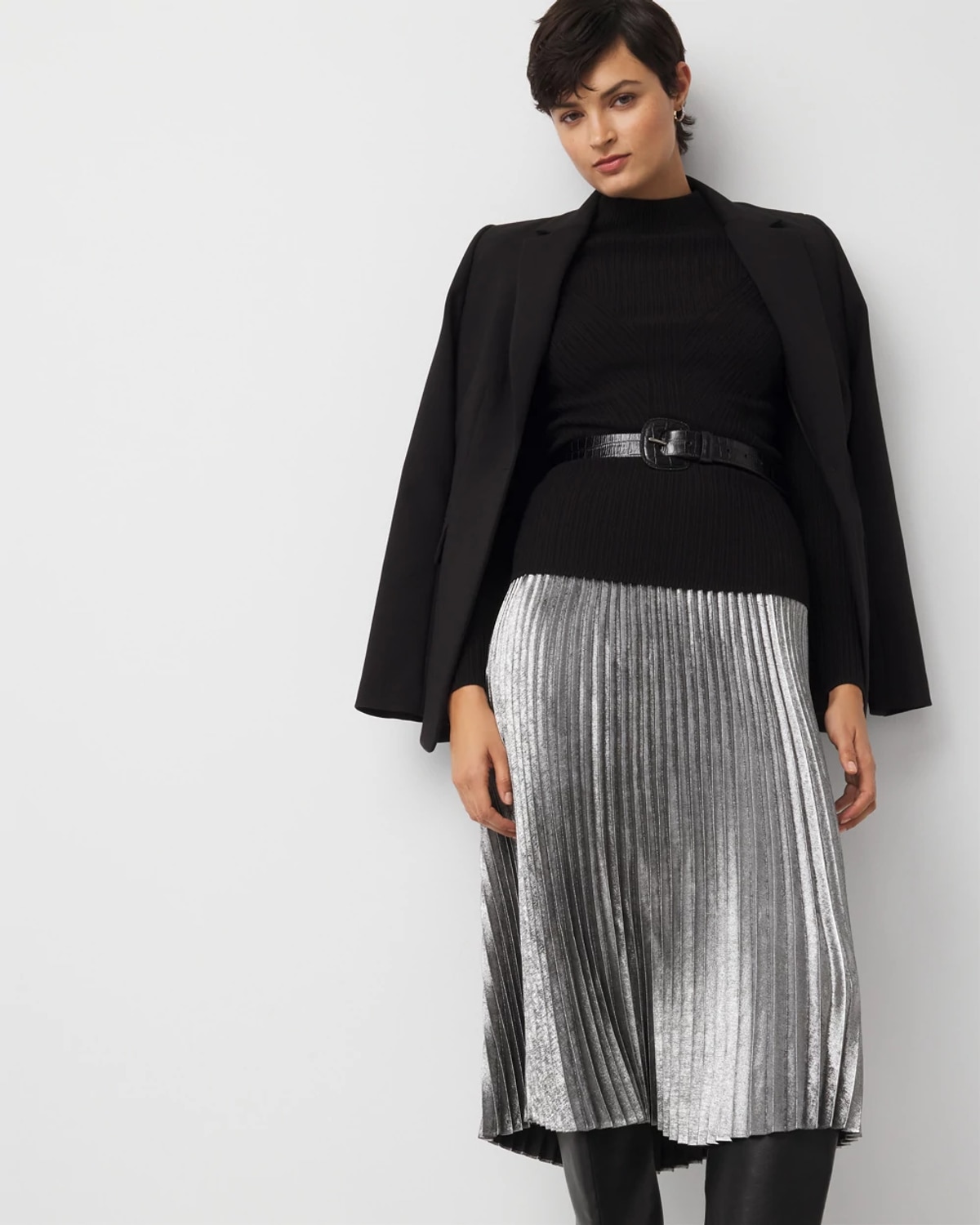 White House Black Market Petite Pleated Chiffon Metallic Midi Skirt Size Large |