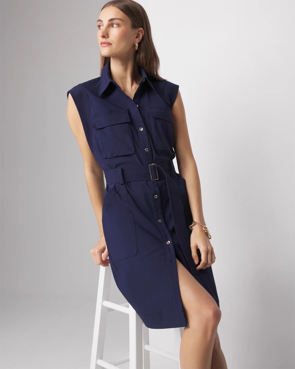 Petite Cap-Sleeve Utility Mini Shirt Dress