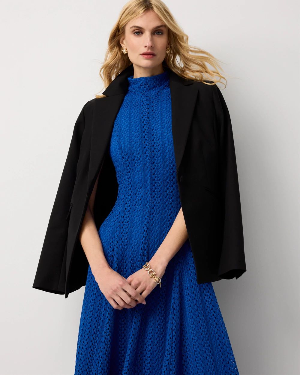 Mock Neck Knit Lace Midi Dress