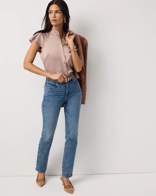 Flutter-Sleeve Satin Shirt click to view larger image.