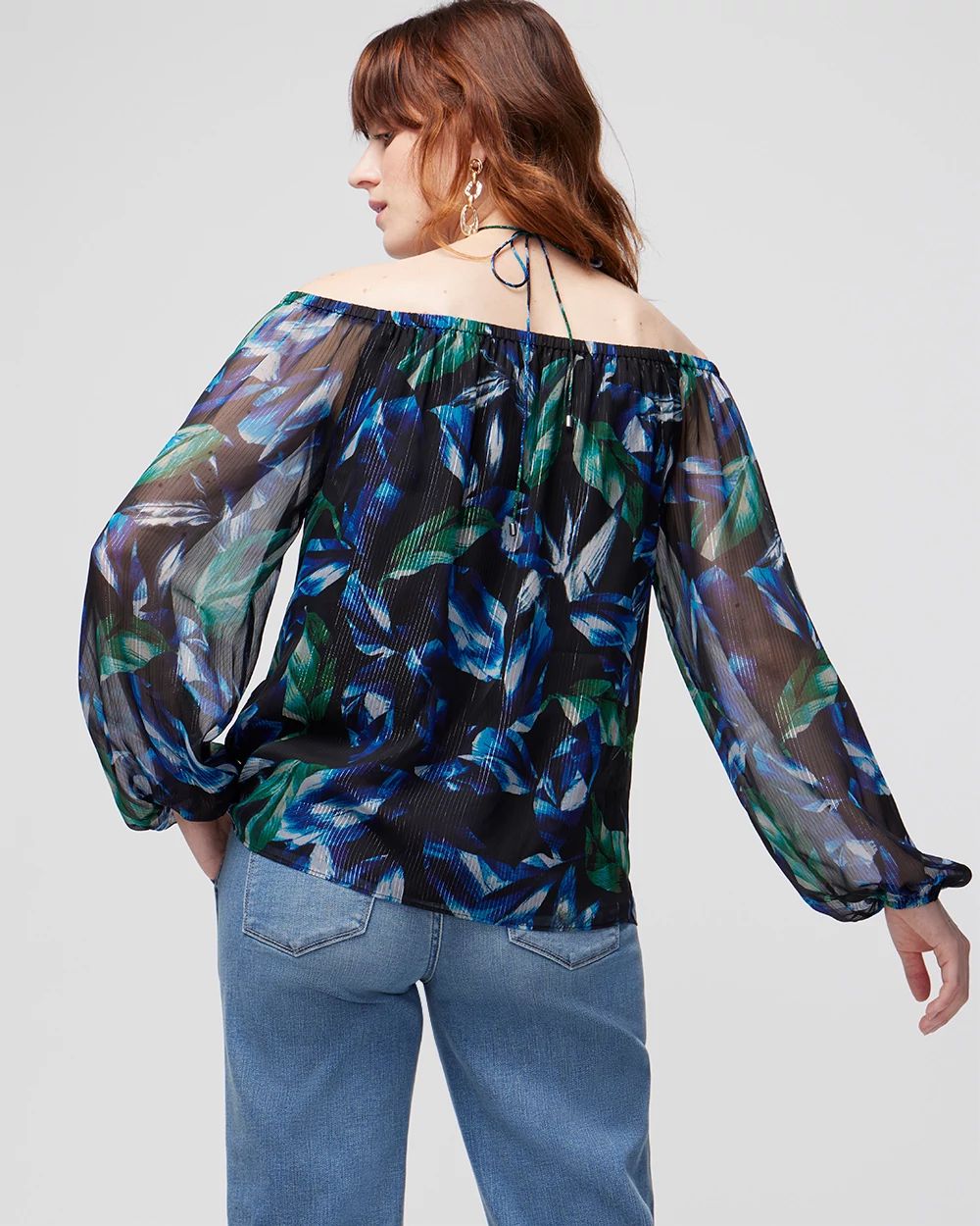 Off-the-Shoulder Metallic Cross-Neck Blouse