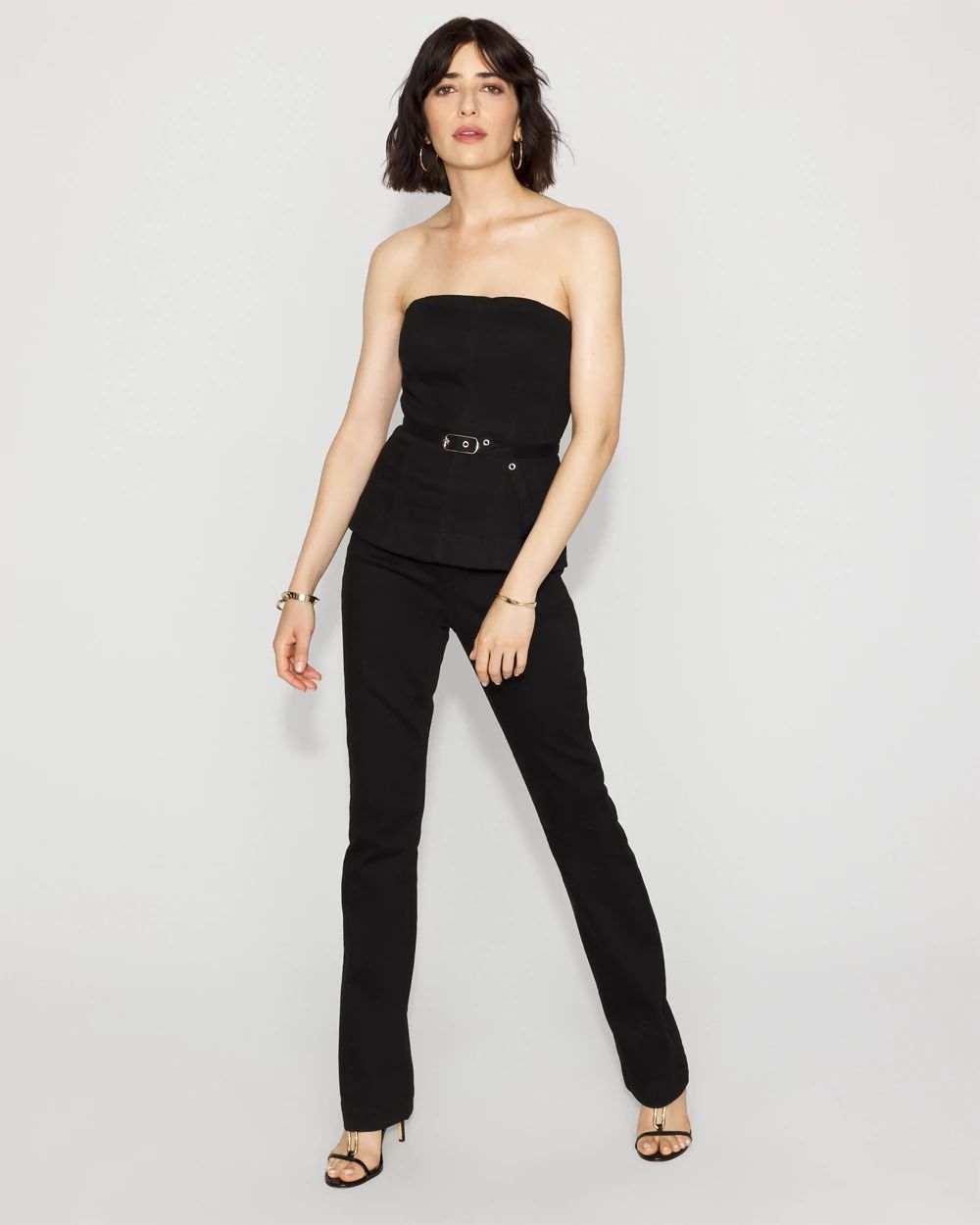 Petite Strapless Denim Boot Jumpsuit