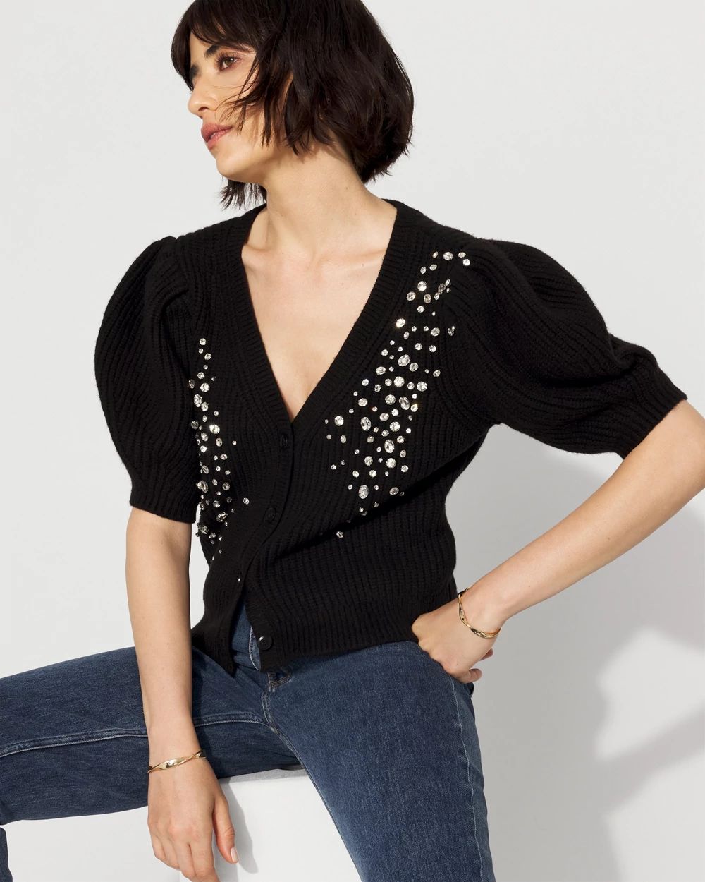 Embellished Puff Sleeve Button-Front Cardigan