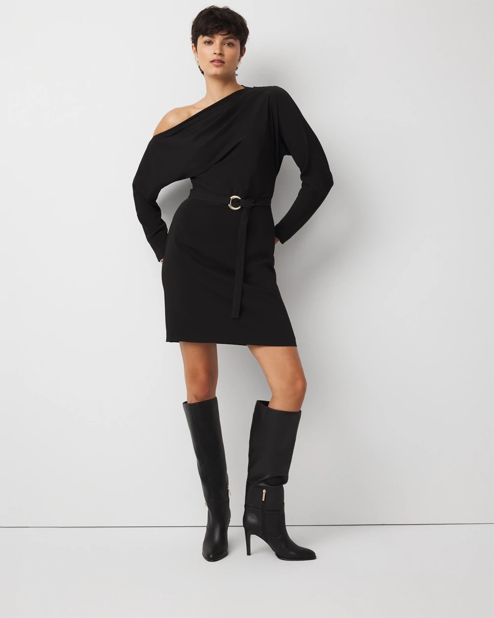 Women's Petite Off-The-Shoulder Belted Dress in Black size 8 | White House Black Market