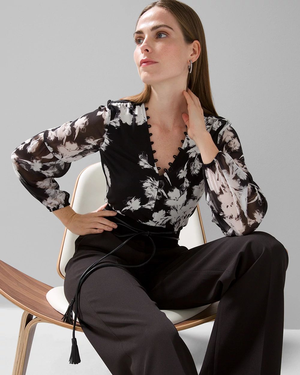 Matte Jersey Floral Sheer Sleeve Blouse