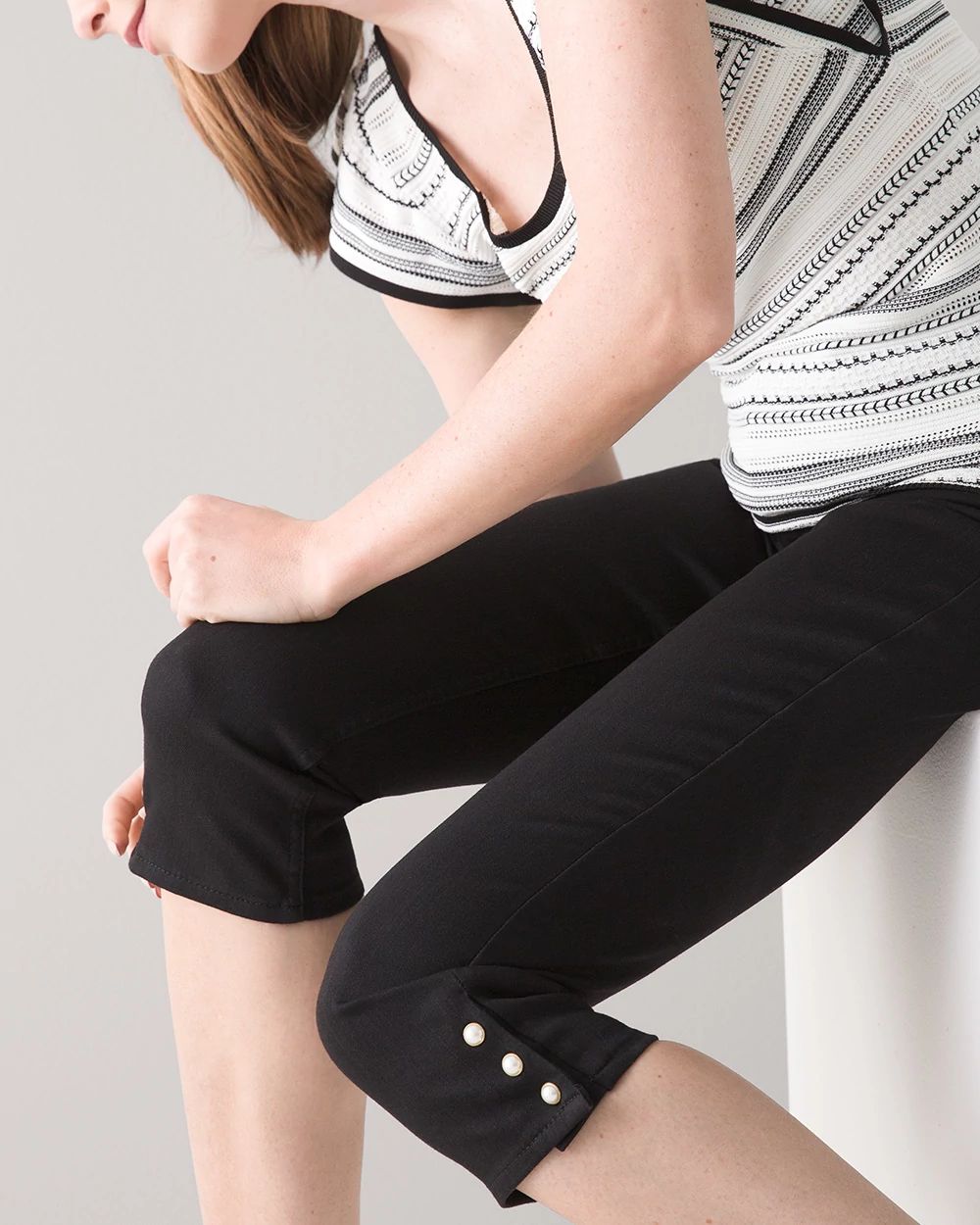 High-Rise Button Hem Black Slim Capri Jeans