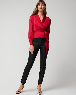 Petite Long Sleeve Wrap Satin Blouse