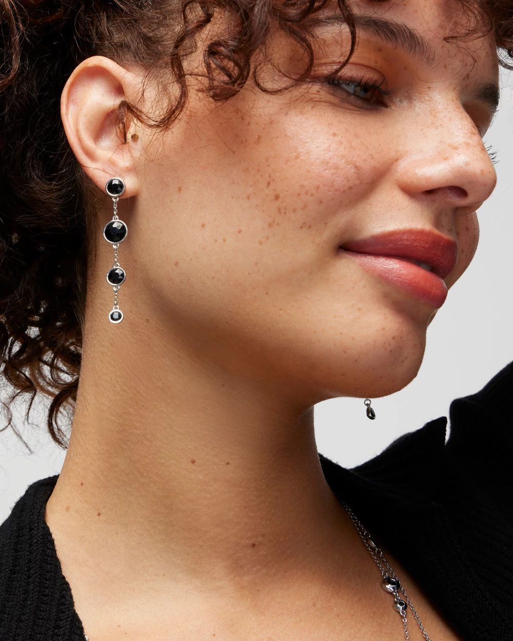 Silver Black Bezel Linear Earring