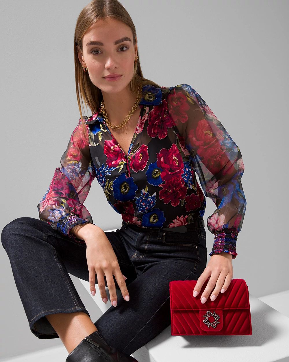 Organza Sleeve Silk Burnout Blouse
