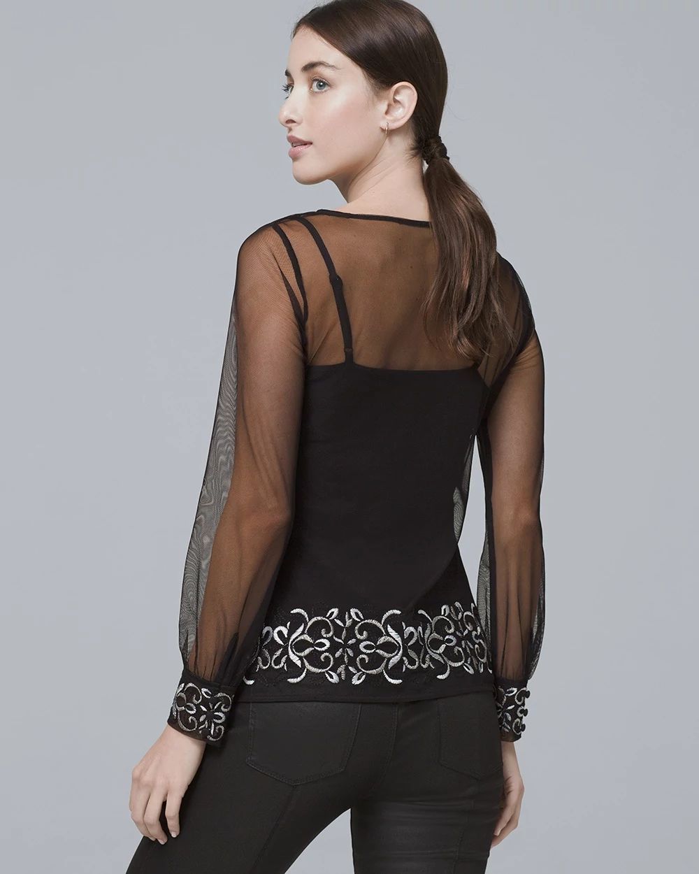 Floral-Embroidered Mesh Top