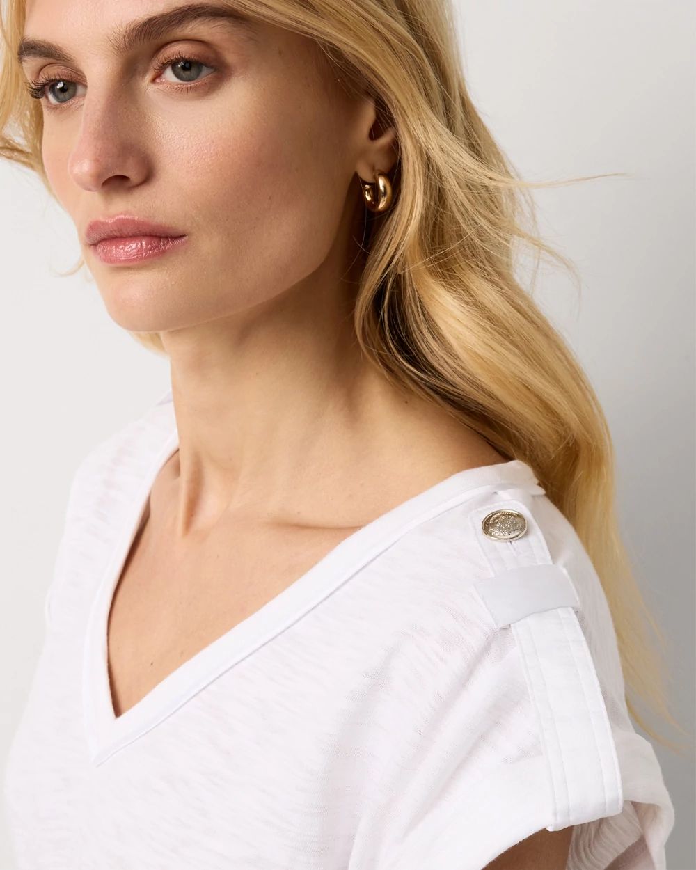 Satin Epaulet V-neck Tee click to view larger image.