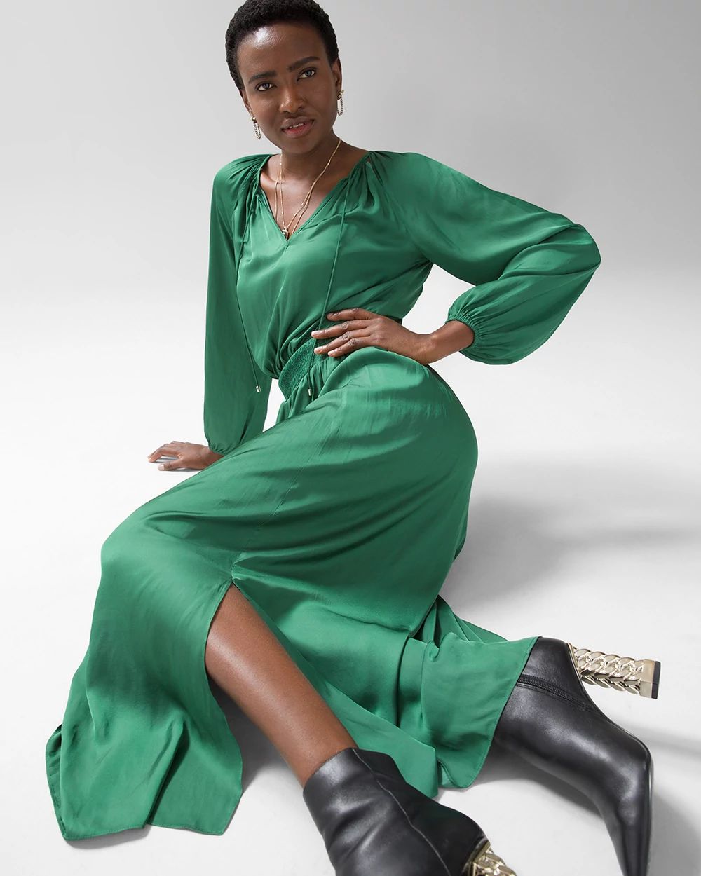 Long-Sleeve Smocked Waist Satin Midi Dress
