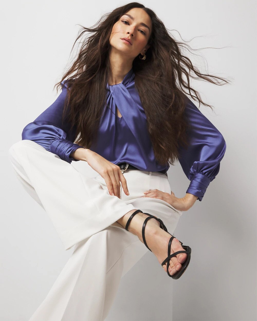 Long Sleeve Twisted Neck Satin Blouse