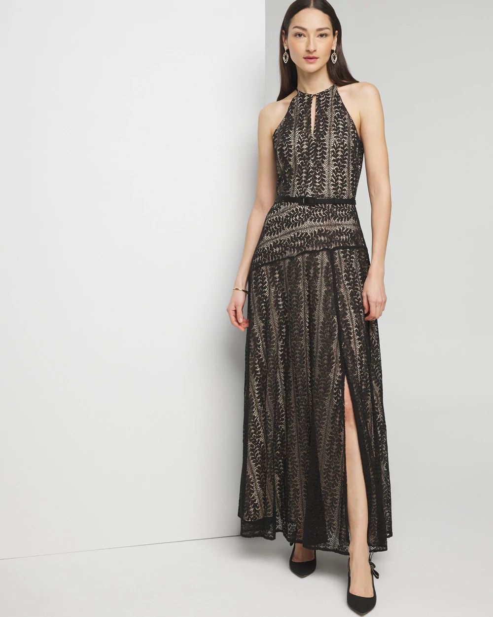 Petite Sleeveless Halter Lace Maxi Dress click to view larger image.