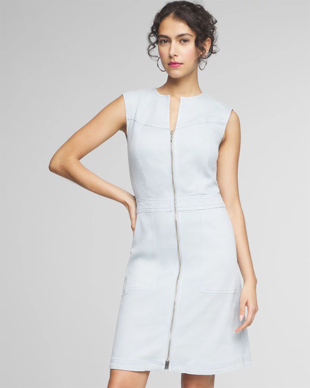 Sleeveless Denim Zip-Up Sheath Dress
