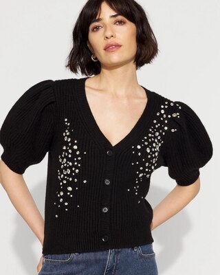 Embellished Puff Sleeve Button-Front Cardigan