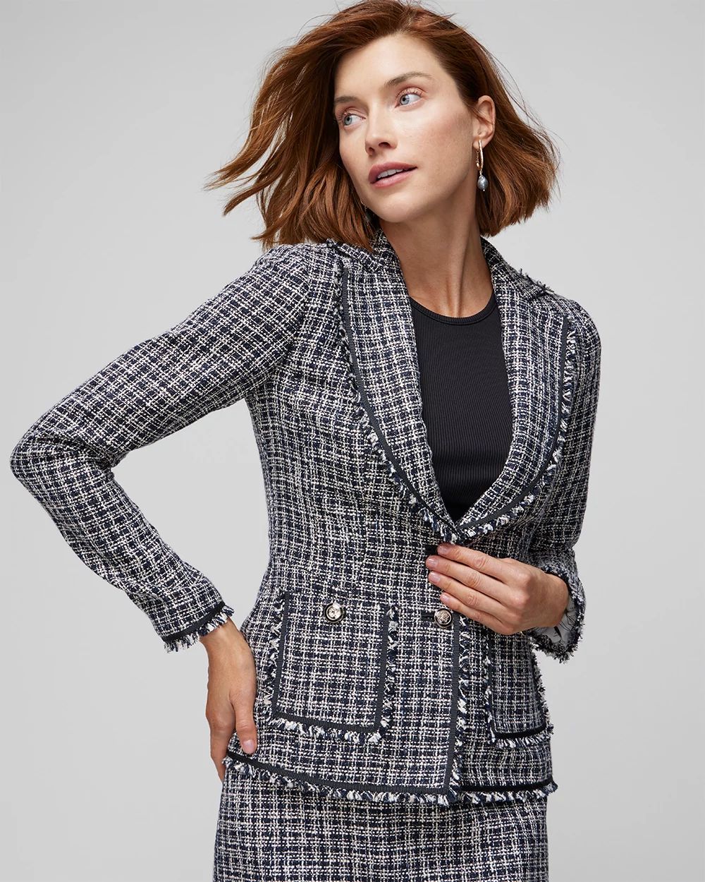 Black and white tweed blazer womens sales