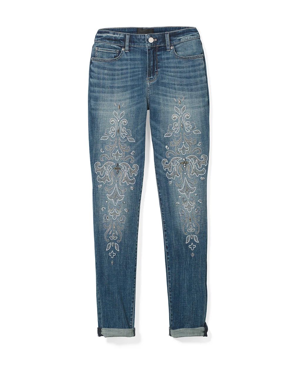 White house black market embroidered jeans top