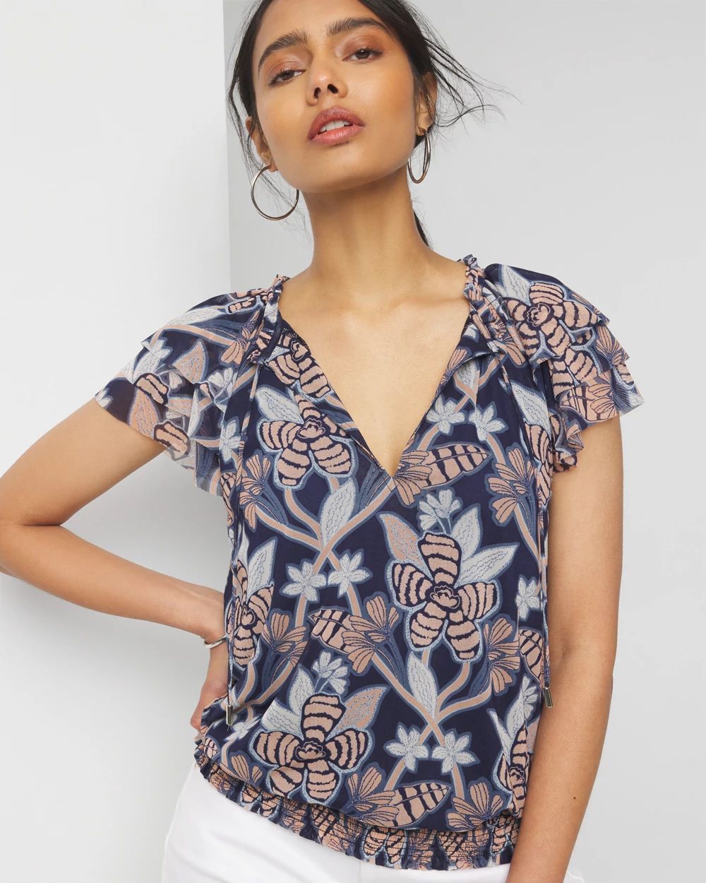 Ruffle Sleeve Mesh Top