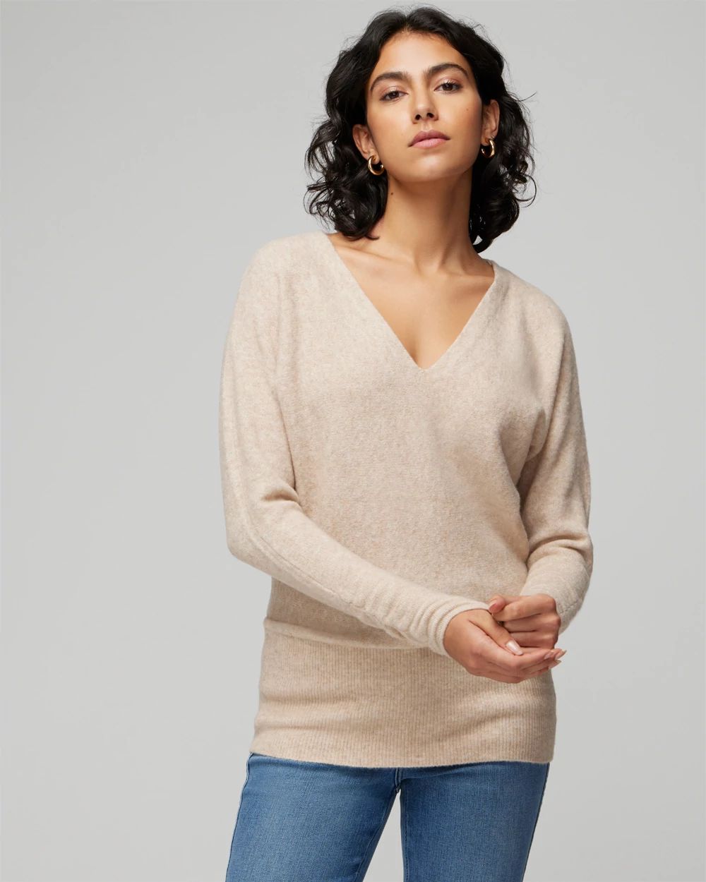 V-Neck Shirred Sleeve Tunic Pullover Sweater