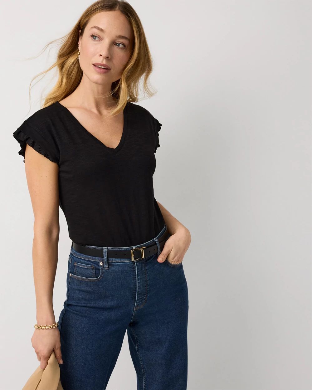 Pleat Sleeve V-neck Tee