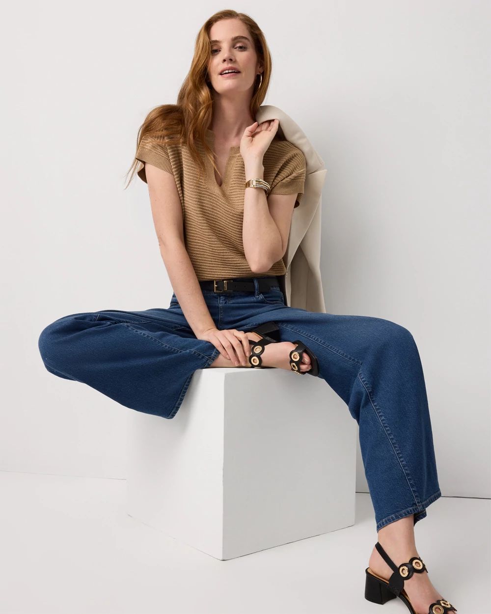 Metallic Stitch Short Sleeve Pullover