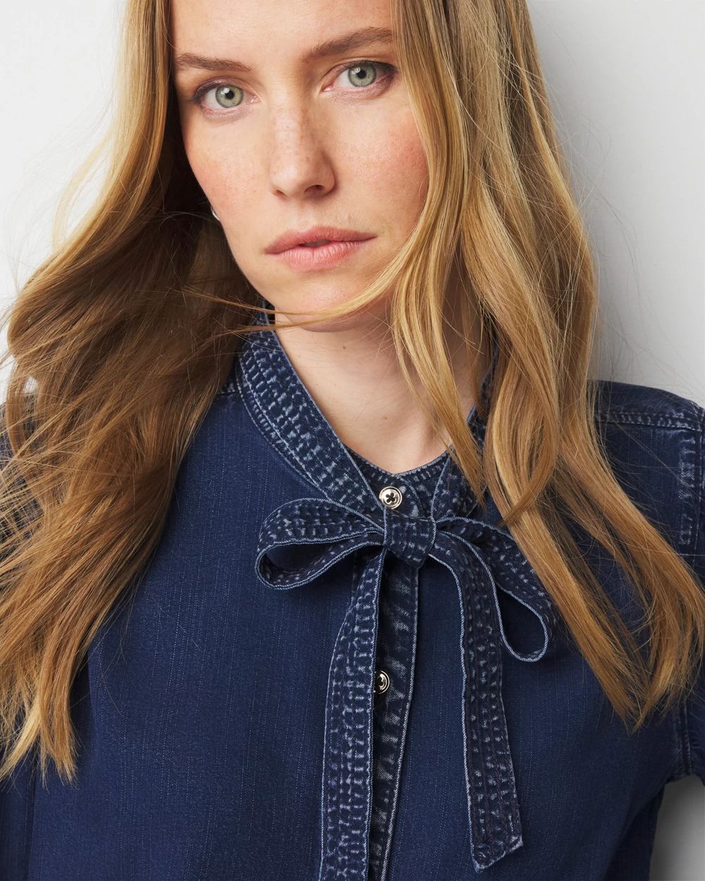 Tie-Neck Denim Shirt