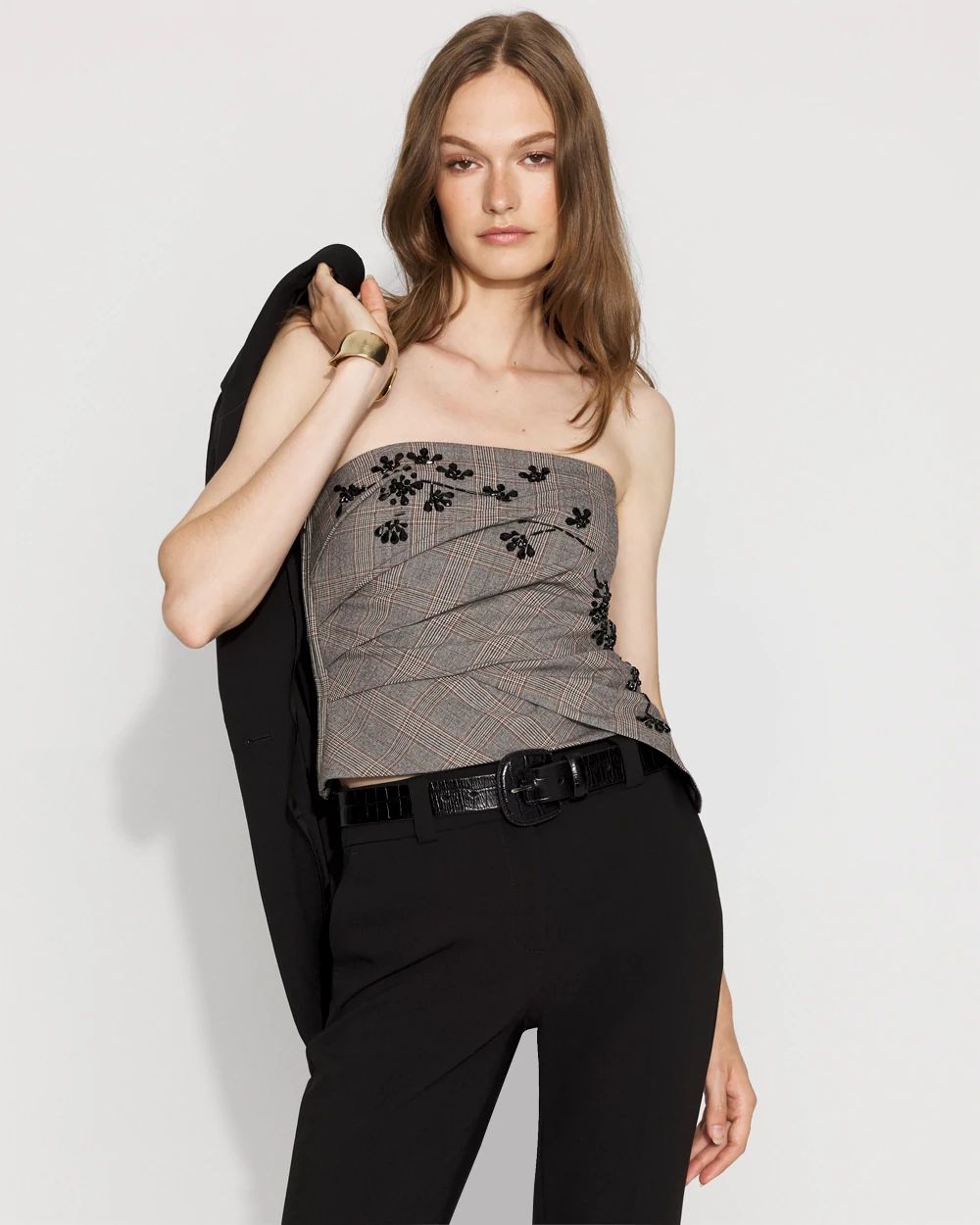 Petite Beaded + Plaid Draped Bustier