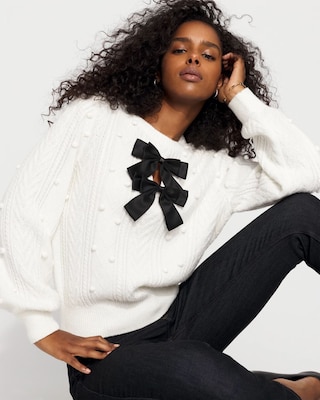 Satin Bow Cable Knit Sweater click to view larger image.