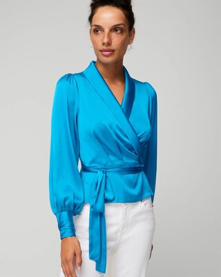 Petite Long Sleeve Wrap Satin Blouse